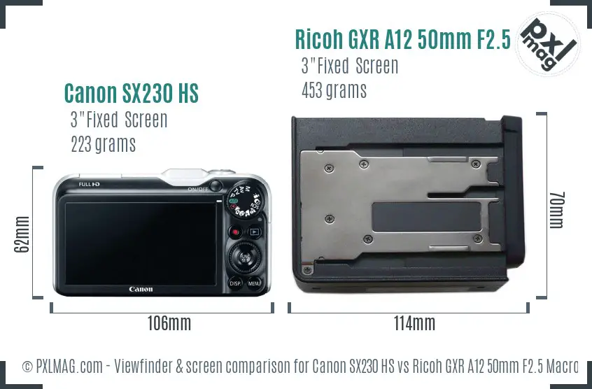 Canon SX230 HS vs Ricoh GXR A12 50mm F2.5 Macro Screen and Viewfinder comparison