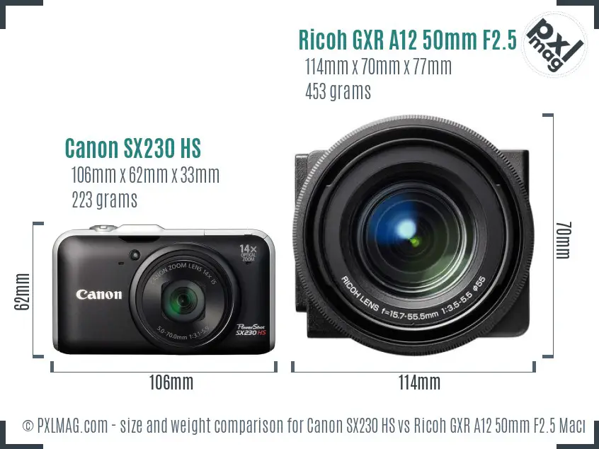 Canon SX230 HS vs Ricoh GXR A12 50mm F2.5 Macro size comparison