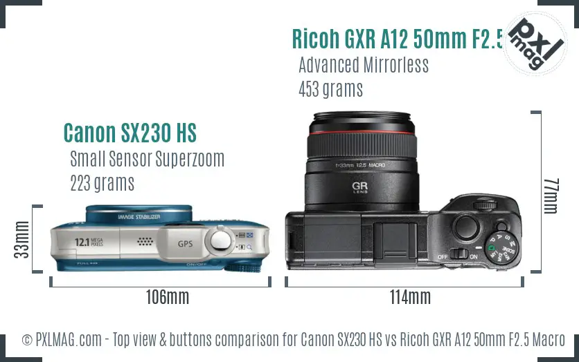 Canon SX230 HS vs Ricoh GXR A12 50mm F2.5 Macro top view buttons comparison