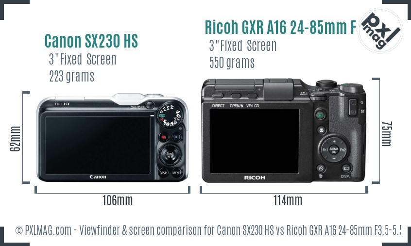 Canon SX230 HS vs Ricoh GXR A16 24-85mm F3.5-5.5 Screen and Viewfinder comparison