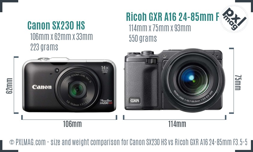Canon SX230 HS vs Ricoh GXR A16 24-85mm F3.5-5.5 size comparison