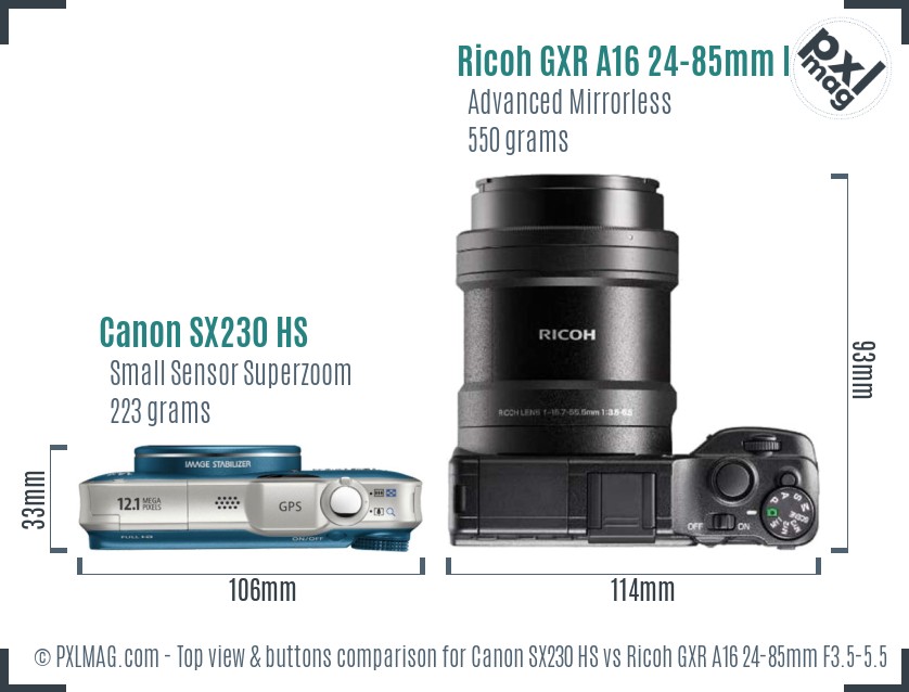 Canon SX230 HS vs Ricoh GXR A16 24-85mm F3.5-5.5 top view buttons comparison