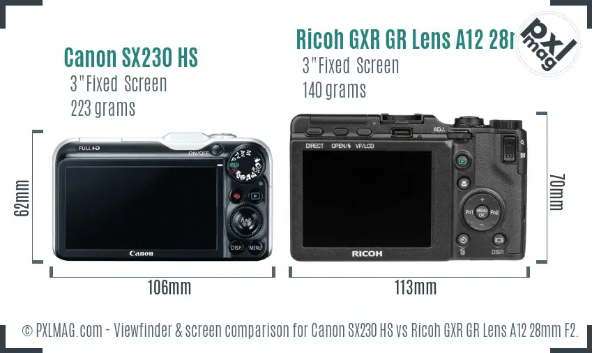 Canon SX230 HS vs Ricoh GXR GR Lens A12 28mm F2.5 Screen and Viewfinder comparison