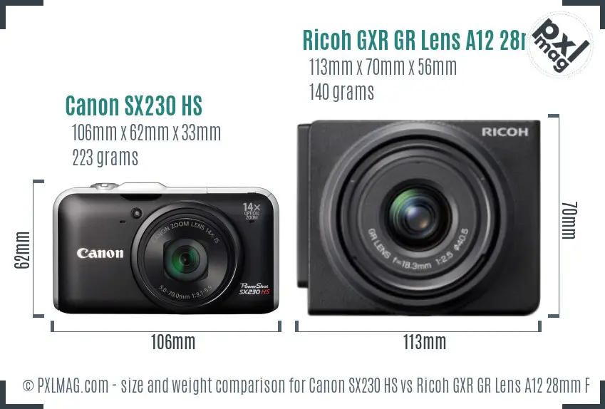 Canon SX230 HS vs Ricoh GXR GR Lens A12 28mm F2.5 size comparison