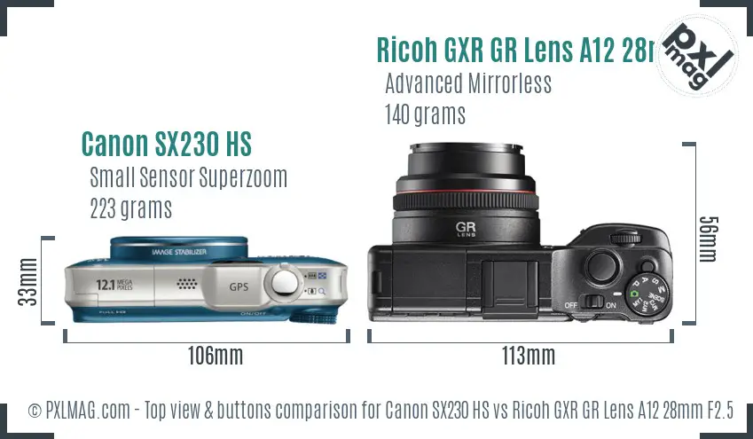 Canon SX230 HS vs Ricoh GXR GR Lens A12 28mm F2.5 top view buttons comparison