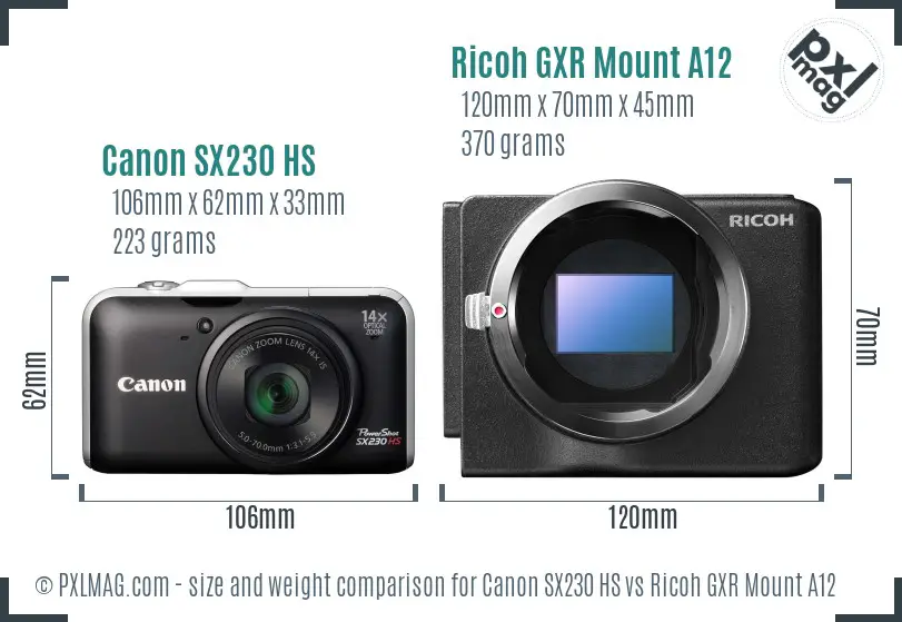 Canon SX230 HS vs Ricoh GXR Mount A12 size comparison