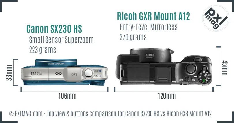 Canon SX230 HS vs Ricoh GXR Mount A12 top view buttons comparison