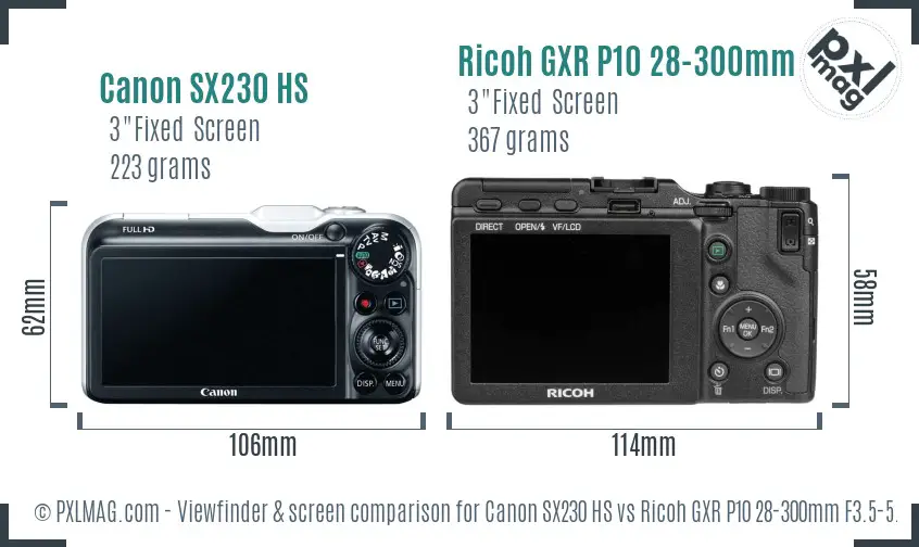 Canon SX230 HS vs Ricoh GXR P10 28-300mm F3.5-5.6 VC Screen and Viewfinder comparison