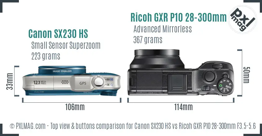 Canon SX230 HS vs Ricoh GXR P10 28-300mm F3.5-5.6 VC top view buttons comparison
