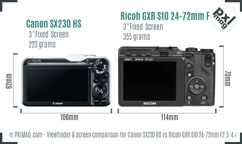 Canon SX230 HS vs Ricoh GXR S10 24-72mm F2.5-4.4 VC Screen and Viewfinder comparison