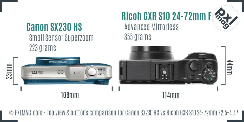 Canon SX230 HS vs Ricoh GXR S10 24-72mm F2.5-4.4 VC top view buttons comparison