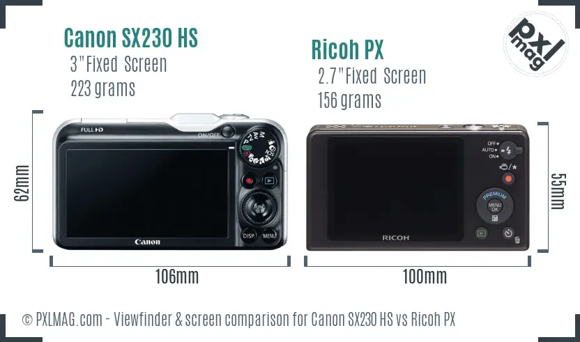 Canon SX230 HS vs Ricoh PX Screen and Viewfinder comparison