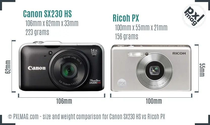 Canon SX230 HS vs Ricoh PX size comparison