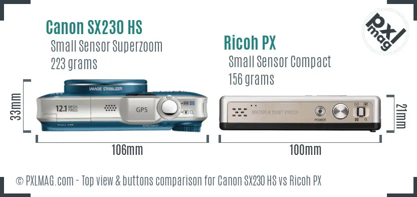 Canon SX230 HS vs Ricoh PX top view buttons comparison