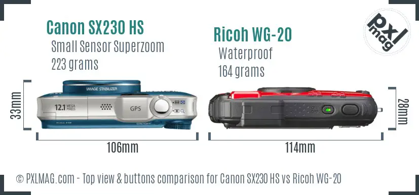 Canon SX230 HS vs Ricoh WG-20 top view buttons comparison
