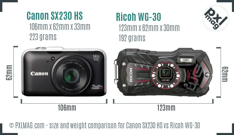 Canon SX230 HS vs Ricoh WG-30 size comparison