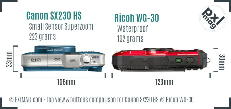 Canon SX230 HS vs Ricoh WG-30 top view buttons comparison