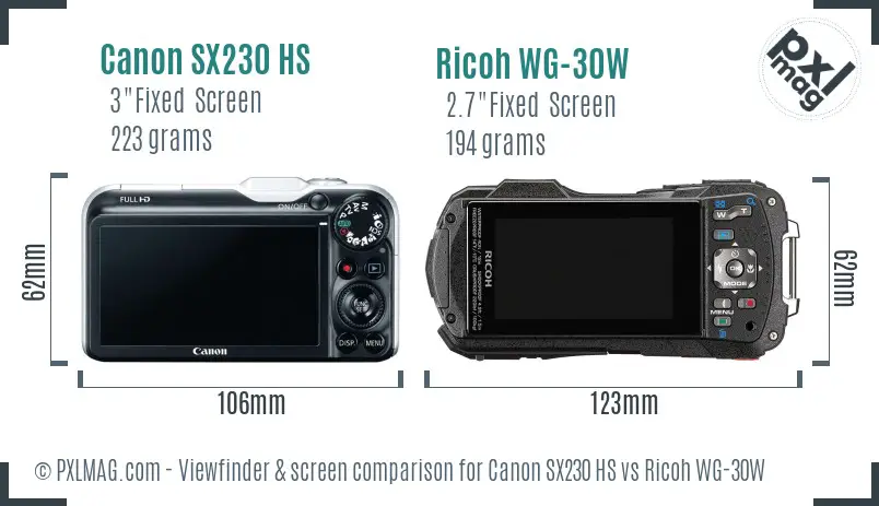 Canon SX230 HS vs Ricoh WG-30W Screen and Viewfinder comparison