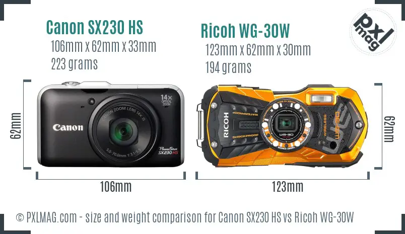 Canon SX230 HS vs Ricoh WG-30W size comparison