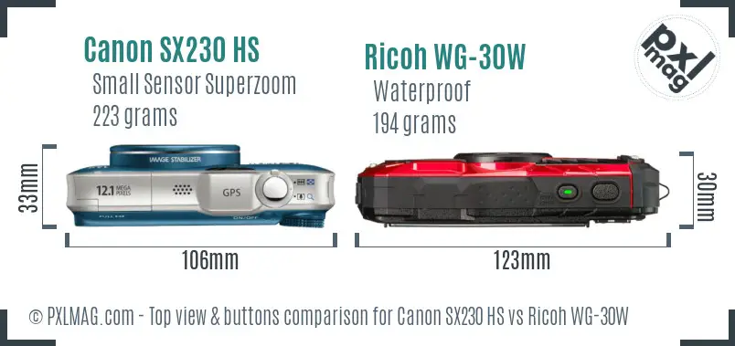 Canon SX230 HS vs Ricoh WG-30W top view buttons comparison