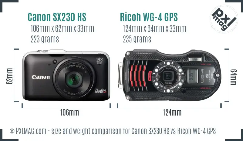 Canon SX230 HS vs Ricoh WG-4 GPS size comparison