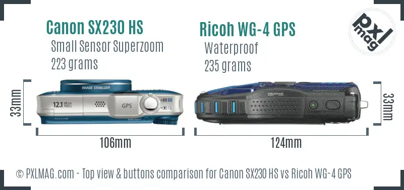 Canon SX230 HS vs Ricoh WG-4 GPS top view buttons comparison
