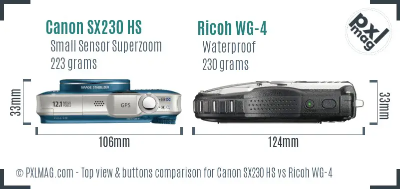 Canon SX230 HS vs Ricoh WG-4 top view buttons comparison Canon SX230 HS vs Ricoh WG-4 top view buttons comparison
