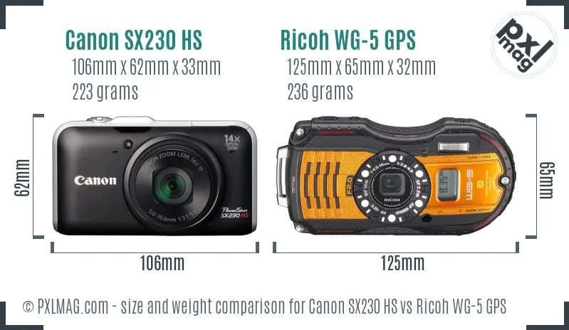 Canon SX230 HS vs Ricoh WG-5 GPS size comparison