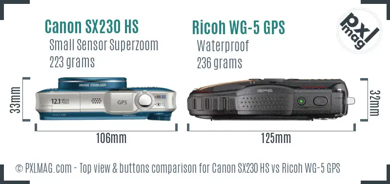 Canon SX230 HS vs Ricoh WG-5 GPS top view buttons comparison