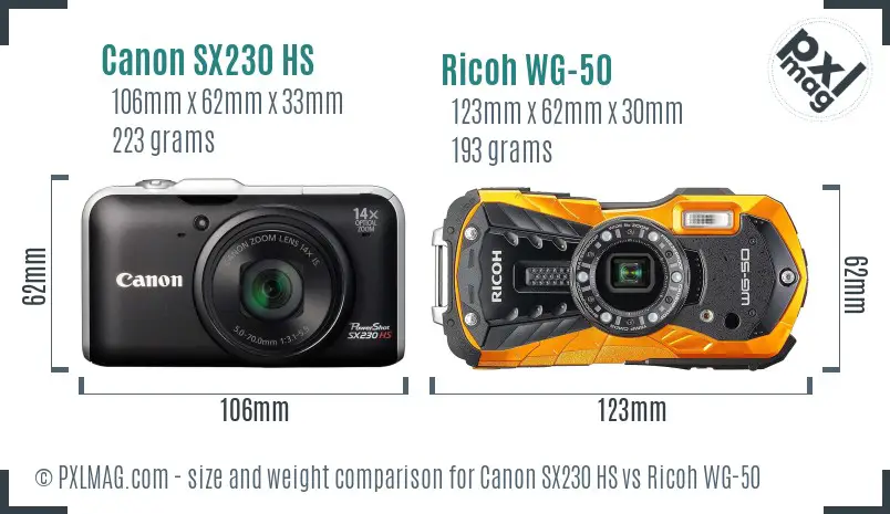 Canon SX230 HS vs Ricoh WG-50 size comparison