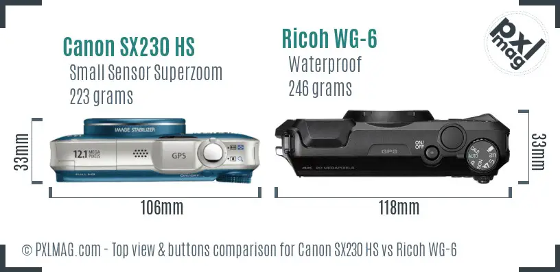 Canon SX230 HS vs Ricoh WG-6 top view buttons comparison