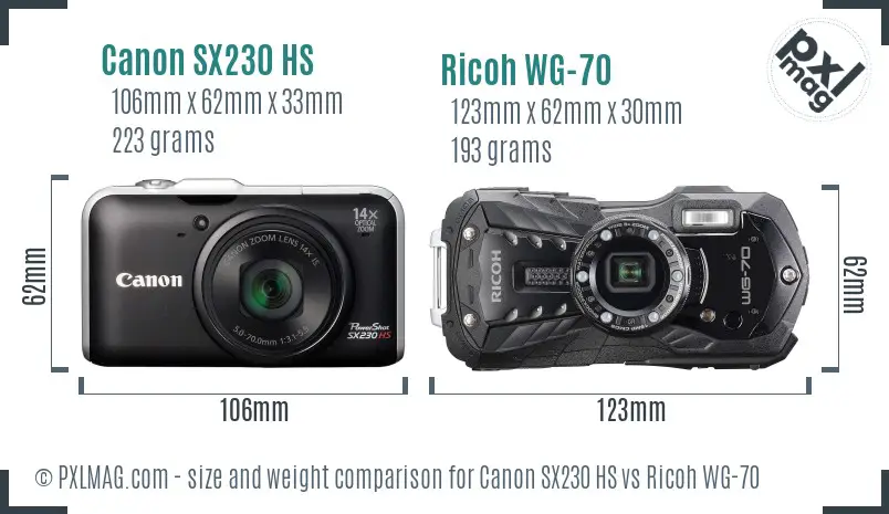 Canon SX230 HS vs Ricoh WG-70 size comparison