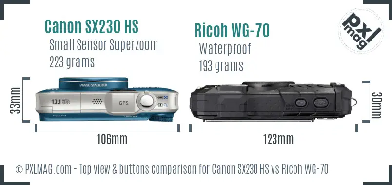 Canon SX230 HS vs Ricoh WG-70 top view buttons comparison