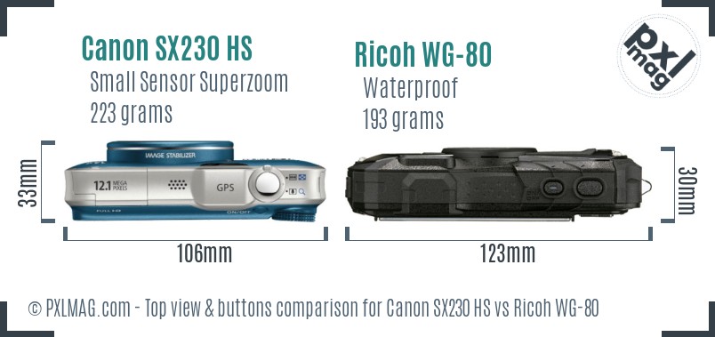 Canon SX230 HS vs Ricoh WG-80 top view buttons comparison