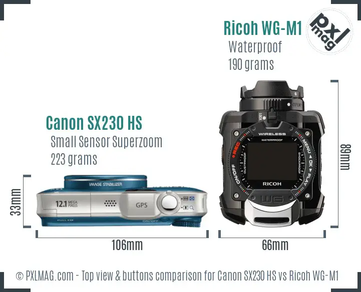 Canon SX230 HS vs Ricoh WG-M1 top view buttons comparison