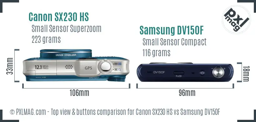 Canon SX230 HS vs Samsung DV150F top view buttons comparison