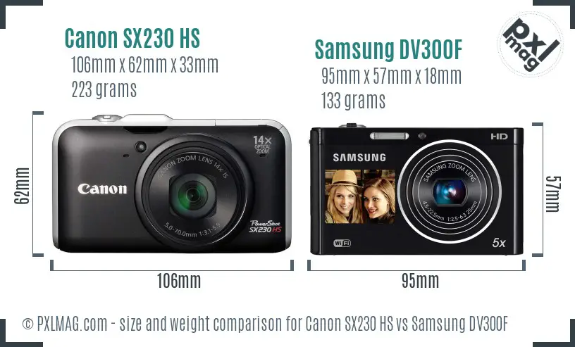 Canon SX230 HS vs Samsung DV300F size comparison