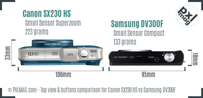 Canon SX230 HS vs Samsung DV300F top view buttons comparison