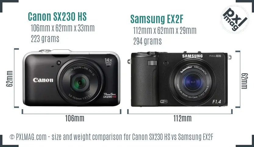 Canon SX230 HS vs Samsung EX2F size comparison