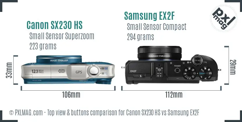 Canon SX230 HS vs Samsung EX2F top view buttons comparison