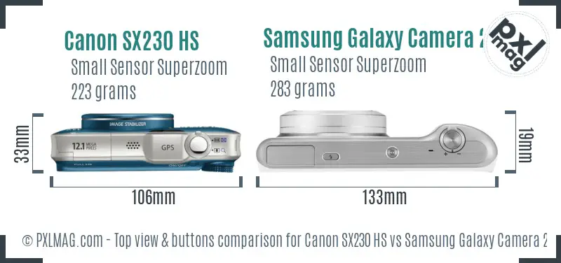 Canon SX230 HS vs Samsung Galaxy Camera 2 top view buttons comparison