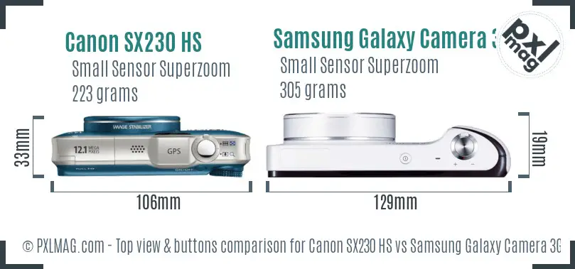 Canon SX230 HS vs Samsung Galaxy Camera 3G top view buttons comparison