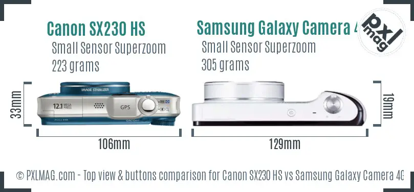 Canon SX230 HS vs Samsung Galaxy Camera 4G top view buttons comparison