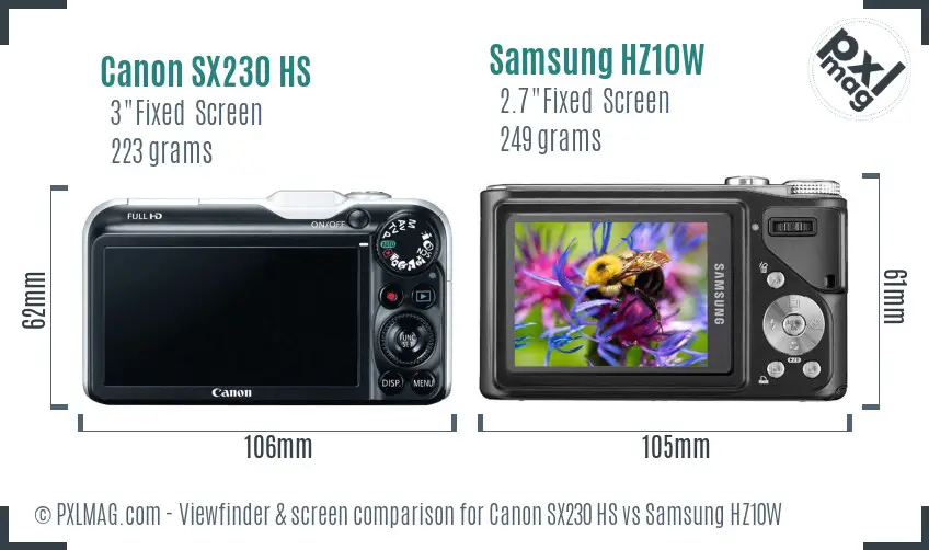 Canon SX230 HS vs Samsung HZ10W Screen and Viewfinder comparison