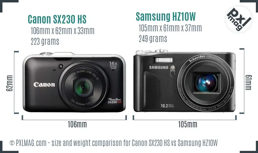 Canon SX230 HS vs Samsung HZ10W size comparison