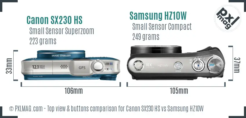 Canon SX230 HS vs Samsung HZ10W top view buttons comparison