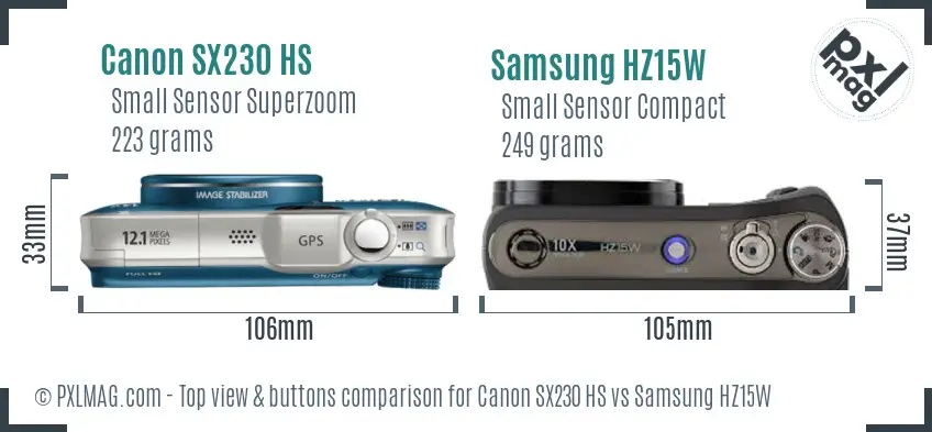 Canon SX230 HS vs Samsung HZ15W top view buttons comparison Canon SX230 HS vs Samsung HZ15W top view buttons comparison