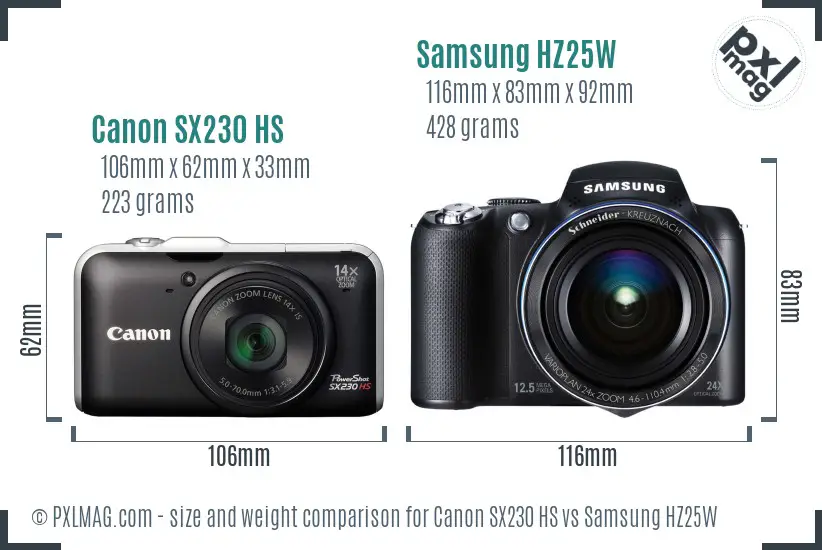 Canon SX230 HS vs Samsung HZ25W size comparison
