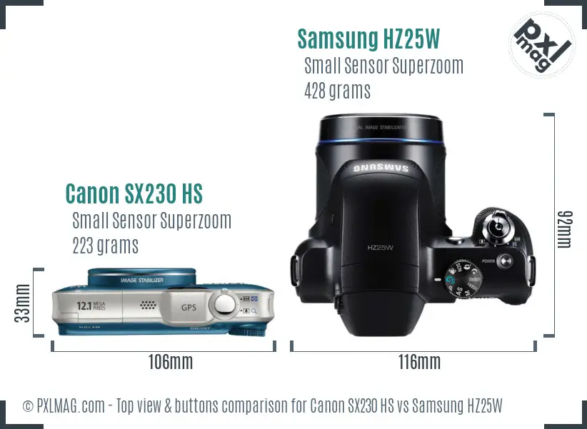 Canon SX230 HS vs Samsung HZ25W top view buttons comparison