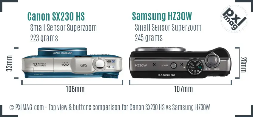 Canon SX230 HS vs Samsung HZ30W top view buttons comparison